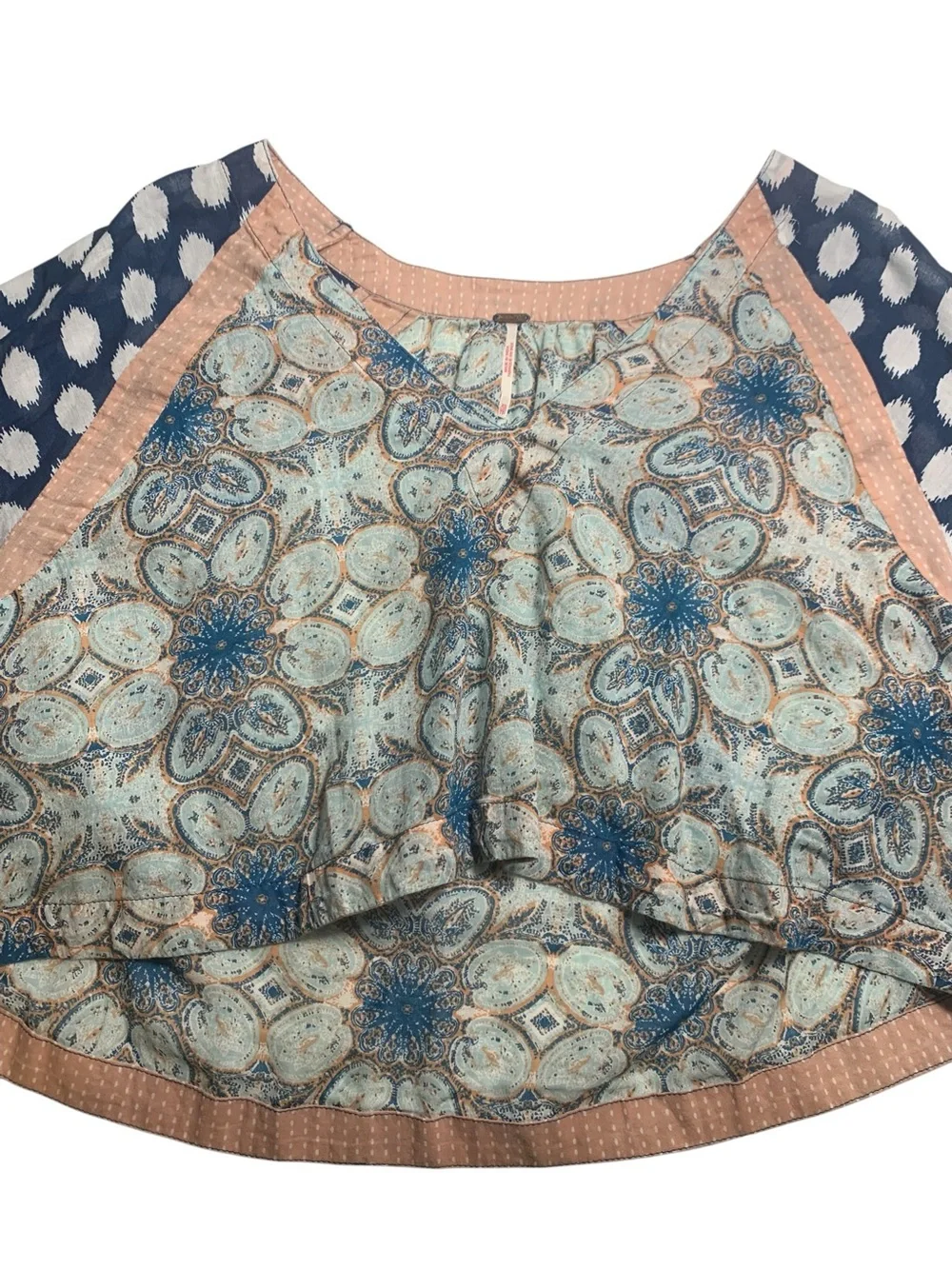 Free People Boho Patchwork Paisley Polka Dot Bell Sleeve Oversized Top XS